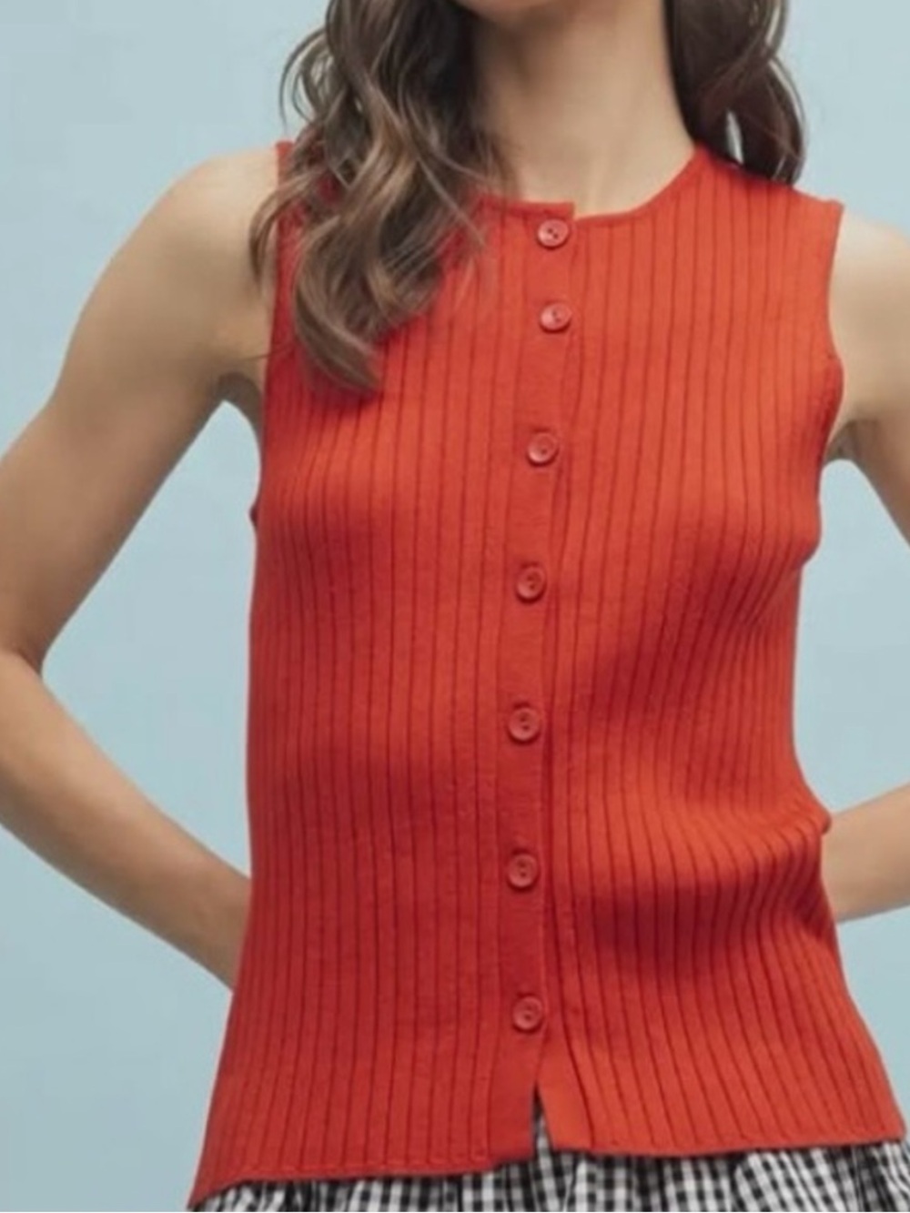 Wishlist Knit Sweater Vest Sleeveless Cardigan Tank Blouse Orange Red Large